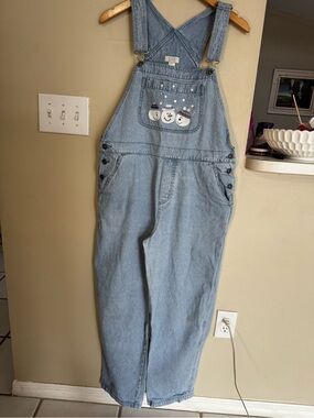 Christopher & Banks Light Blue Denim Overalls with Snowman Pocket L Vintage